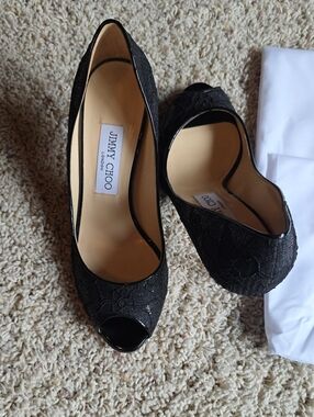 Jimmy Choo Black Lace Peep-Toe Heels